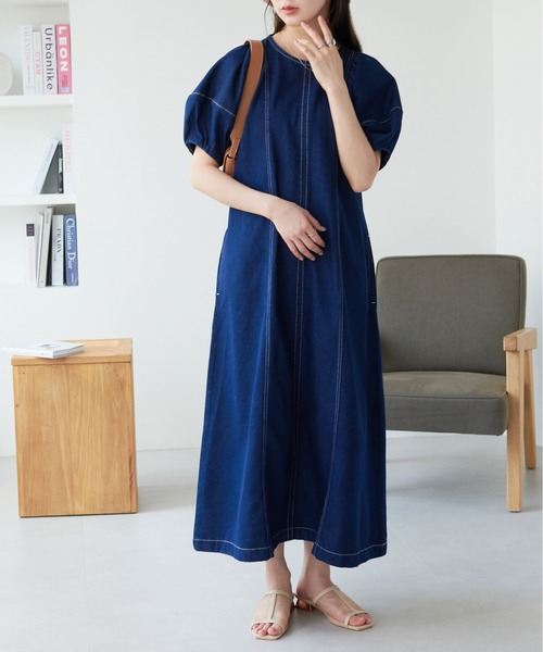 ECRIRE（エクリール）の「ランタンスリーブ デニムワンピース（ワンピース・レディース・ネイビー/ブラック・M）」の6枚目の写真