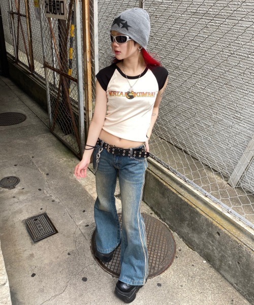 Basic Pleasure Mode（ベーシックプレジャーモード）の「Basic Pleasure Mode ベーシックプレジャーモード FINISH HIM TANK ラグランTシャツ ロゴTシャツ クロップド丈トップス（Tシャツ/カットソー・レディース・ホワイト・XS/S）」の15枚目の写真