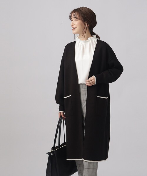 SHOO・LA・RUE（シューラルー）の「◆【体型カバー/大人上品/高見え】 配色トリミング ニットコーディガン（カーディガン/ボレロ・レディース・ブラウン系その他/オフホワイト/ブラック/ライトブルー・00）」の6枚目の写真