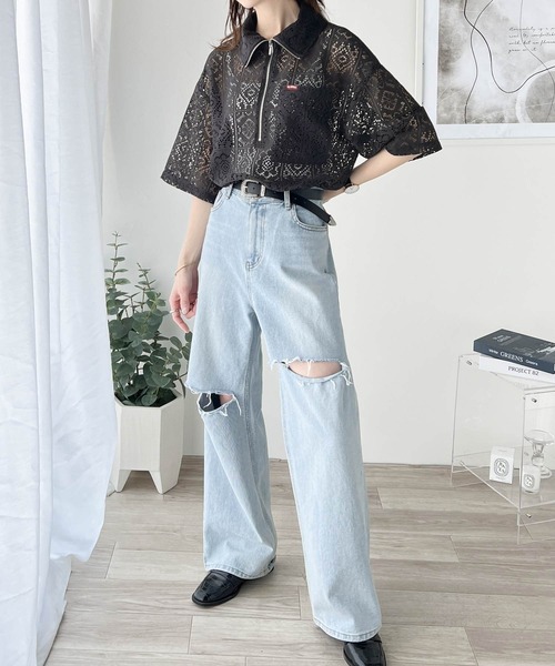 Java（ジャバ）の「【JaVaコラボ】きれいめカジュアルのスタイリング叶う。パネルレースハーフジップ半袖プルオーバー（シャツ/ブラウス・レディース・チャコールグレー/アイボリー/グレイッシュベージュ・X-LARGE/SMALL/MEDIUM/LARGE）」の12枚目の写真