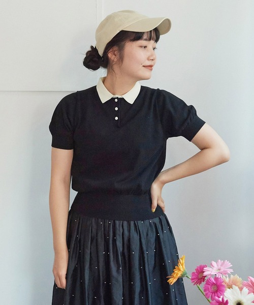 CHILD WOMAN（チャイルドウーマン）の「3/64 Cool Cotton ポロニット（ポロシャツ・レディース・ブラック/イエロー/レッド/アイボリー・FREE）」の17枚目の写真