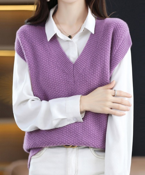Miniministore(ミニミニストア)の「ニットベスト レディースチョッキ 重ね着(ベスト・レディース・ライトブルー/ベージュ/パープル/グリーン/ブラウン/レッド・FREE)」の8枚目の写真