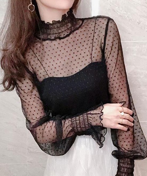 SHEPP(シープ)の「シースルー メッシュフリルネックブラウス(シャツ/ブラウス・レディース・ブラック/アイボリー/ホワイト・M)」の2枚目の写真
