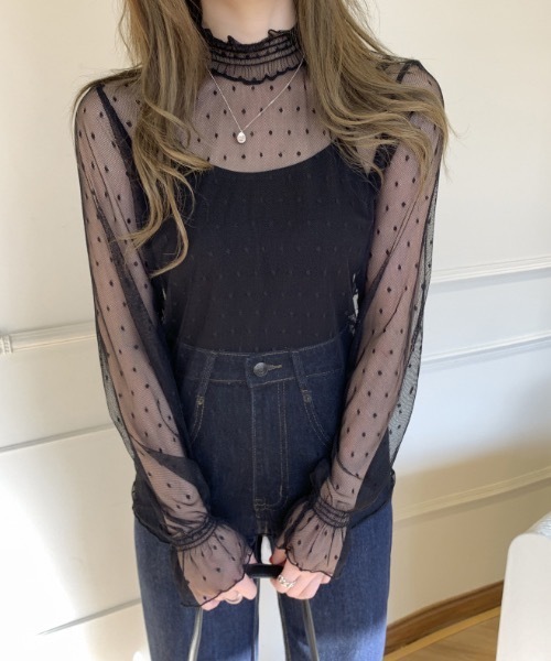 SHEPP(シープ)の「シースルー メッシュフリルネックブラウス(シャツ/ブラウス・レディース・ブラック/アイボリー/ホワイト・M)」の14枚目の写真