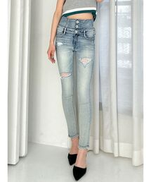 ハイウエストバッククロスダメージスキニーデニムパンツ