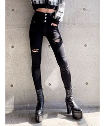 GYDA | ハイウエストバッククロスダメージスキニーデニムパンツ(デニムパンツ)