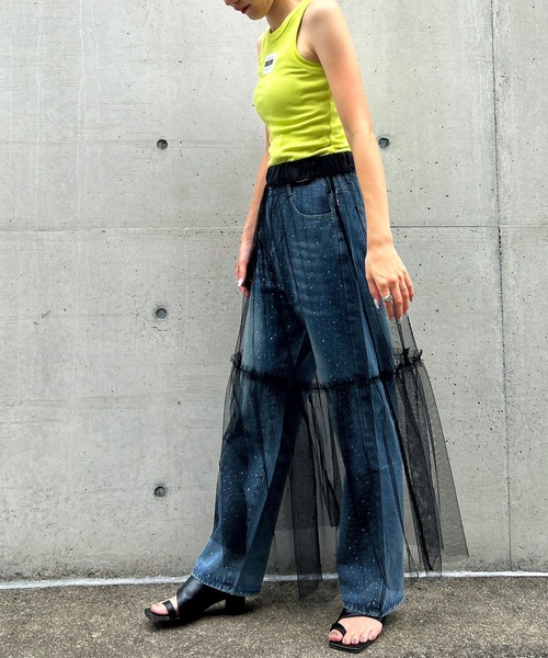 セール】【M～3L展開】ラインストーン付きルーズデニムパンツ（デニム