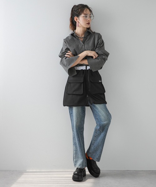 セール】【M～3L展開】ラインストーン付きルーズデニムパンツ（デニム