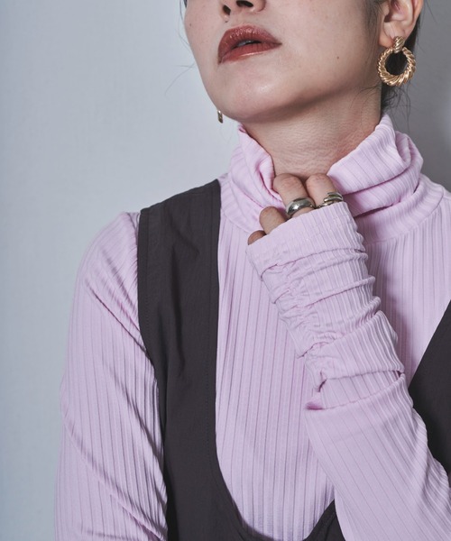 tarin arin(タリンアリン)の「【150㎝前後の小柄さんサイズ】シャーリングハイネックリブトップス(Tシャツ/カットソー・レディース・チャコールグレー/ピンク・S/M)」の6枚目の写真