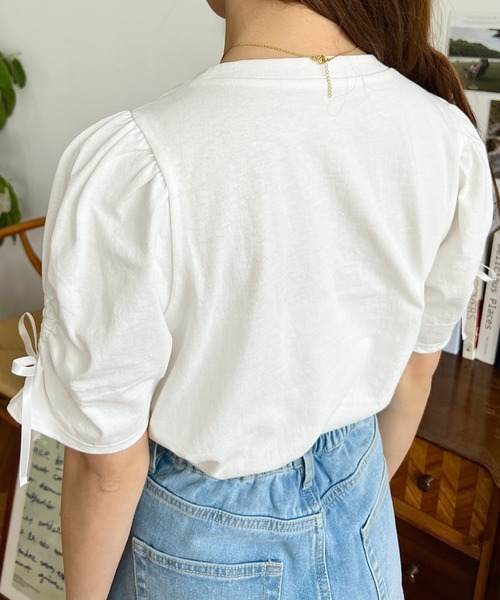 moment+（モーメントプラス）の「袖ハートホールリボン半袖Tシャツ（Tシャツ/カットソー・レディース・ブラック/オフホワイト・M/L）」の10枚目の写真