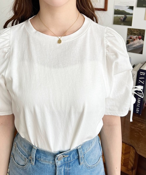 moment+（モーメントプラス）の「袖ハートホールリボン半袖Tシャツ（Tシャツ/カットソー・レディース・ブラック/オフホワイト・M/L）」の7枚目の写真