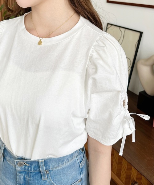moment+（モーメントプラス）の「袖ハートホールリボン半袖Tシャツ（Tシャツ/カットソー・レディース・ブラック/オフホワイト・M/L）」の8枚目の写真