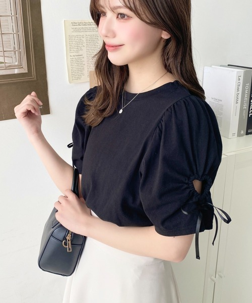moment+（モーメントプラス）の「袖ハートホールリボン半袖Tシャツ（Tシャツ/カットソー・レディース・ブラック/オフホワイト・M/L）」の13枚目の写真