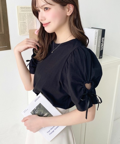 moment+（モーメントプラス）の「袖ハートホールリボン半袖Tシャツ（Tシャツ/カットソー・レディース・ブラック/オフホワイト・M/L）」の11枚目の写真