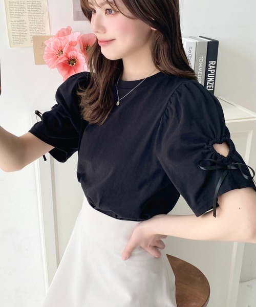 moment+（モーメントプラス）の「袖ハートホールリボン半袖Tシャツ（Tシャツ/カットソー・レディース・ブラック/オフホワイト・M/L）」の14枚目の写真