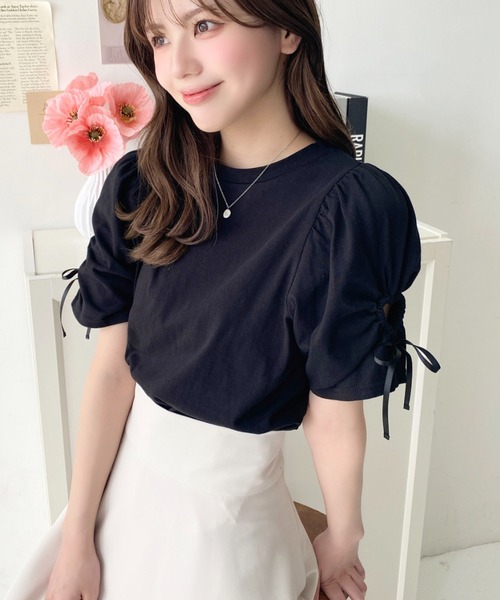 moment+（モーメントプラス）の「袖ハートホールリボン半袖Tシャツ（Tシャツ/カットソー・レディース・ブラック/オフホワイト・M/L）」の12枚目の写真