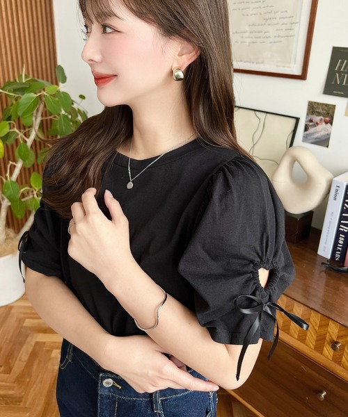 moment+（モーメントプラス）の「袖ハートホールリボン半袖Tシャツ（Tシャツ/カットソー・レディース・ブラック/オフホワイト・M/L）」の21枚目の写真