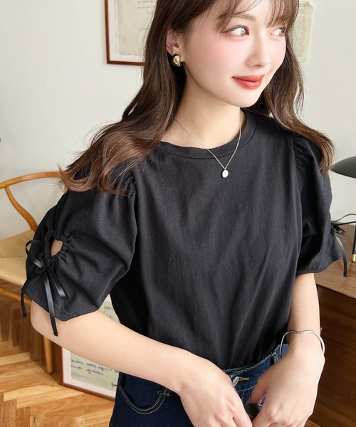 moment+（モーメントプラス）の「袖ハートホールリボン半袖Tシャツ（Tシャツ/カットソー・レディース・ブラック/オフホワイト・M/L）」の20枚目の写真