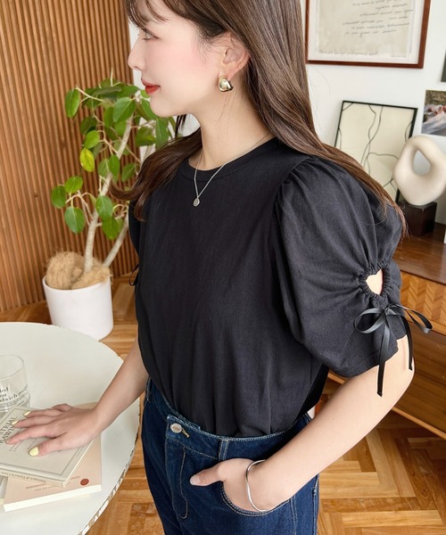 moment+（モーメントプラス）の「袖ハートホールリボン半袖Tシャツ（Tシャツ/カットソー・レディース・ブラック/オフホワイト・M/L）」の19枚目の写真