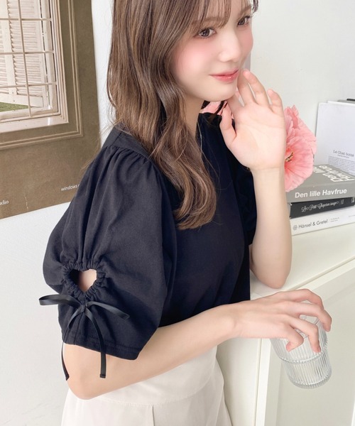 moment+（モーメントプラス）の「袖ハートホールリボン半袖Tシャツ（Tシャツ/カットソー・レディース・ブラック/オフホワイト・M/L）」の18枚目の写真