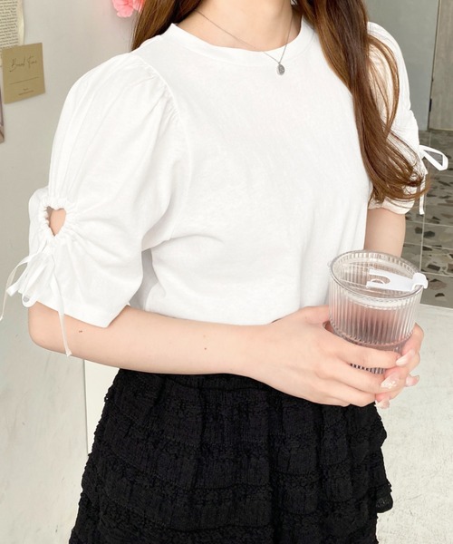 moment+（モーメントプラス）の「袖ハートホールリボン半袖Tシャツ（Tシャツ/カットソー・レディース・ブラック/オフホワイト・M/L）」の16枚目の写真