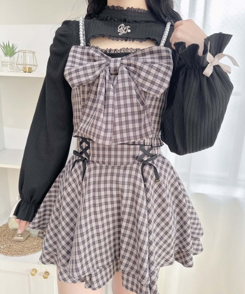 胸元BIGリボン♡ピンクチェック姫キャミソール♡たっぷり光沢生地♡ y2k 534836-01.jpg