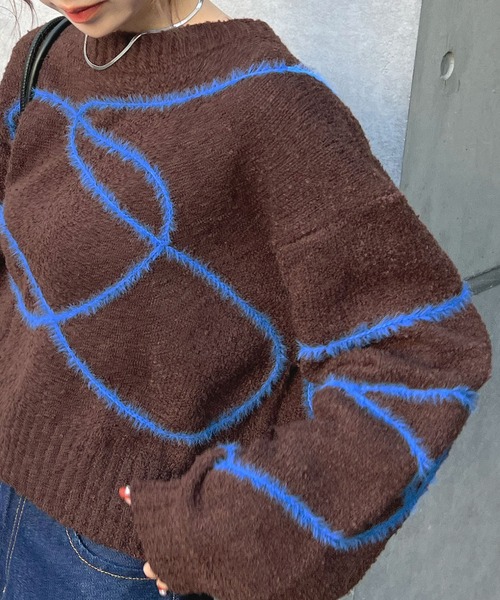 Futier land（フューティアランド）の「配色線柄ショート丈ニットプルオーバー（ニット/セーター・レディース・ブラウン/ライトグレー・FREE）」の12枚目の写真