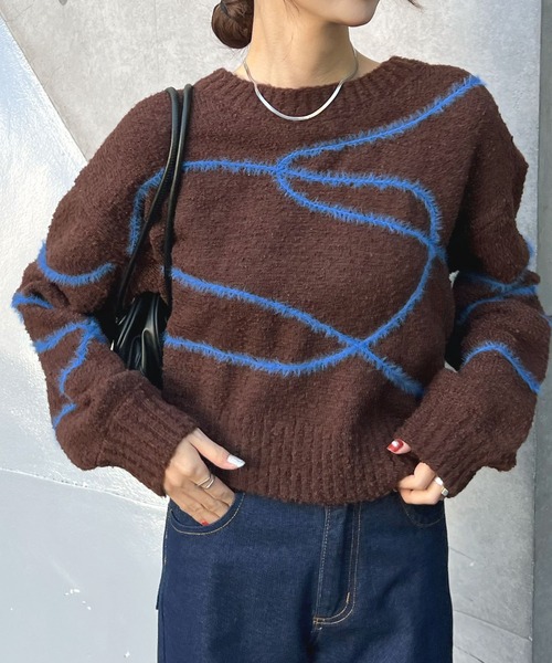 Futier land（フューティアランド）の「配色線柄ショート丈ニットプルオーバー（ニット/セーター・レディース・ブラウン/ライトグレー・FREE）」の14枚目の写真