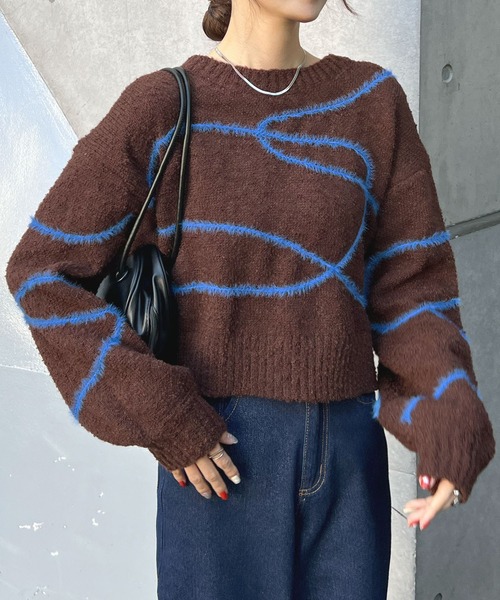 Futier land（フューティアランド）の「配色線柄ショート丈ニットプルオーバー（ニット/セーター・レディース・ブラウン/ライトグレー・FREE）」の15枚目の写真