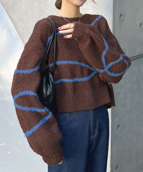 Futier land（フューティアランド）の「配色線柄ショート丈ニットプルオーバー（ニット/セーター・レディース・ブラウン/ライトグレー・FREE）」の18枚目の写真