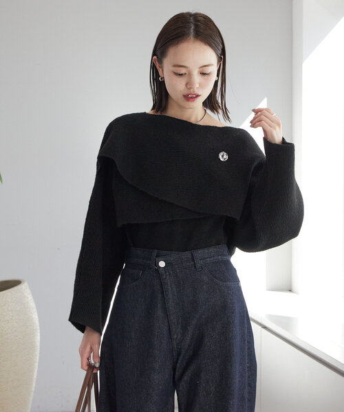 mystic（ミスティック）の「【2点セット】ブローチ付きクロスニット（ニット/セーター・レディース・チャコールグレー/ブラック/アイボリー/ベージュ・FREE）」の17枚目の写真