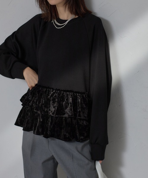 セール】裾ベロアフリル切替プルオーバー（Tシャツ/カットソー）｜each  