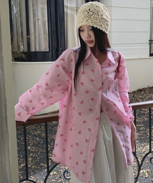 セール】リボン＆ストライプ 総柄シャツ（シャツ/ブラウス）｜DIAVEL