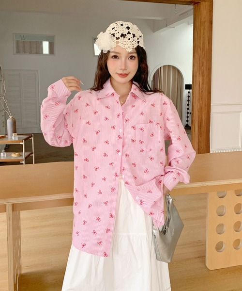 セール】リボン＆ストライプ 総柄シャツ（シャツ/ブラウス）｜DIAVEL