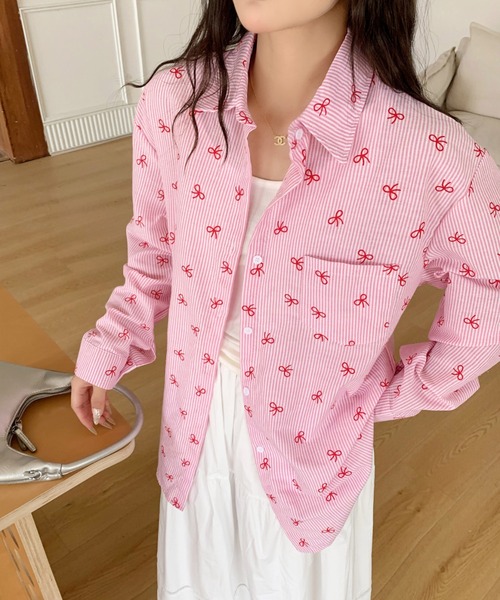 リボン付きピンク長袖シャツ セール】リボン＆ストライプ 総柄シャツ（シャツ/ブラウス）｜DIAVEL