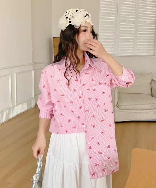 セール】リボン＆ストライプ 総柄シャツ（シャツ/ブラウス）｜DIAVEL