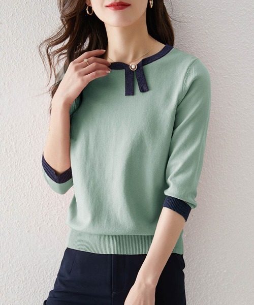 Miniministore(ミニミニストア)の「レディース 7分袖首リボンニットセーター(ニット/セーター・レディース・ブルーグリーン/ピンク/ベージュ・FREE)」の4枚目の写真