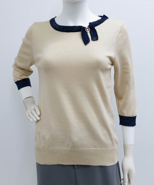 Miniministore(ミニミニストア)の「レディース 7分袖首リボンニットセーター(ニット/セーター・レディース・ブルーグリーン/ピンク/ベージュ・FREE)」の6枚目の写真