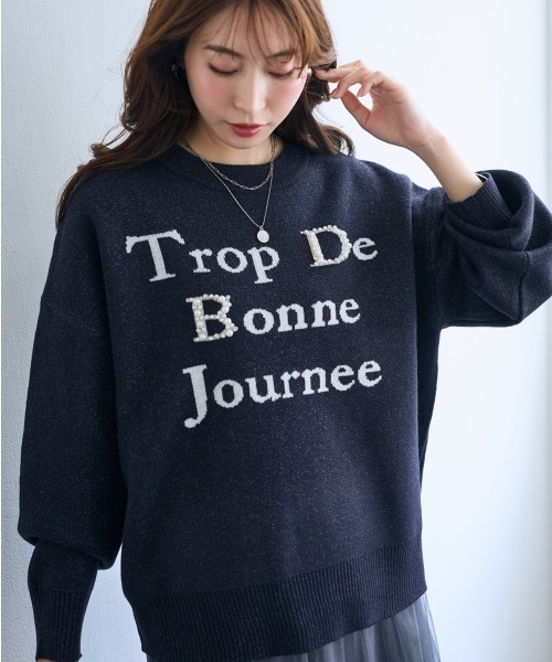 SMILE LAND(スマイルランド)の「<大きいサイズ>パール調ビジュー付ロゴラメ入ニット【OtonaSMILE】(ニット/セーター・レディース・オフホワイト/ネイビー・4L/5L/LL/3L/L)」の4枚目の写真