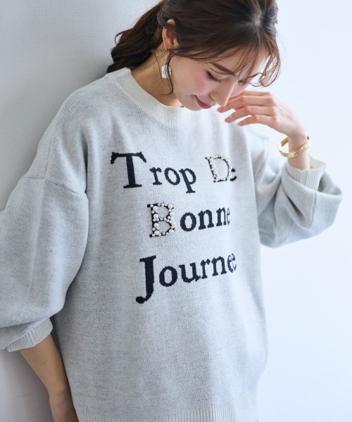 SMILE LAND(スマイルランド)の「<大きいサイズ>パール調ビジュー付ロゴラメ入ニット【OtonaSMILE】(ニット/セーター・レディース・オフホワイト/ネイビー・4L/5L/LL/3L/L)」の12枚目の写真