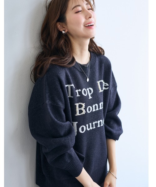 SMILE LAND(スマイルランド)の「<大きいサイズ>パール調ビジュー付ロゴラメ入ニット【OtonaSMILE】(ニット/セーター・レディース・オフホワイト/ネイビー・4L/5L/LL/3L/L)」の7枚目の写真