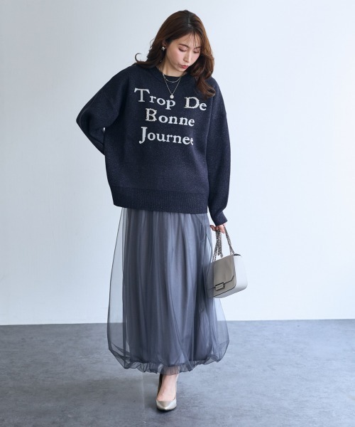 SMILE LAND(スマイルランド)の「<大きいサイズ>パール調ビジュー付ロゴラメ入ニット【OtonaSMILE】(ニット/セーター・レディース・オフホワイト/ネイビー・4L/5L/LL/3L/L)」の8枚目の写真