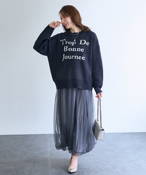 SMILE LAND(スマイルランド)の「<大きいサイズ>パール調ビジュー付ロゴラメ入ニット【OtonaSMILE】(ニット/セーター・レディース・オフホワイト/ネイビー・4L/5L/LL/3L/L)」の9枚目の写真