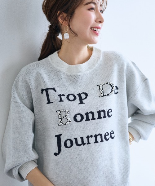 SMILE LAND(スマイルランド)の「<大きいサイズ>パール調ビジュー付ロゴラメ入ニット【OtonaSMILE】(ニット/セーター・レディース・オフホワイト/ネイビー・4L/5L/LL/3L/L)」の10枚目の写真