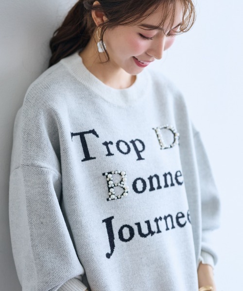 SMILE LAND(スマイルランド)の「<大きいサイズ>パール調ビジュー付ロゴラメ入ニット【OtonaSMILE】(ニット/セーター・レディース・オフホワイト/ネイビー・4L/5L/LL/3L/L)」の11枚目の写真