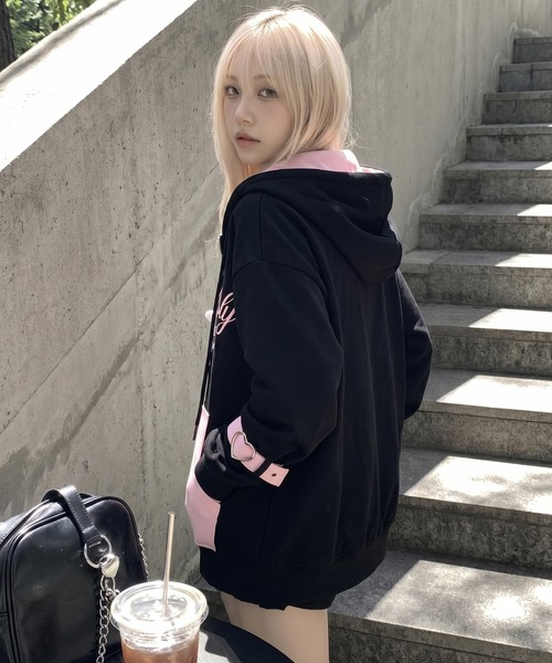 HOOK（フック）の「【HOOK】for　girls　バイカラー刺繍ジップパーカー（パーカー・レディース・ピンク/ブラック・MEDIUM/SMALL）」の21枚目の写真