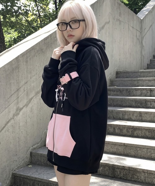 HOOK（フック）の「【HOOK】for　girls　バイカラー刺繍ジップパーカー（パーカー・レディース・ピンク/ブラック・MEDIUM/SMALL）」の22枚目の写真