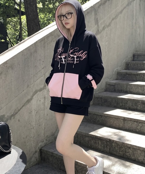 HOOK（フック）の「【HOOK】for　girls　バイカラー刺繍ジップパーカー（パーカー・レディース・ピンク/ブラック・MEDIUM/SMALL）」の20枚目の写真