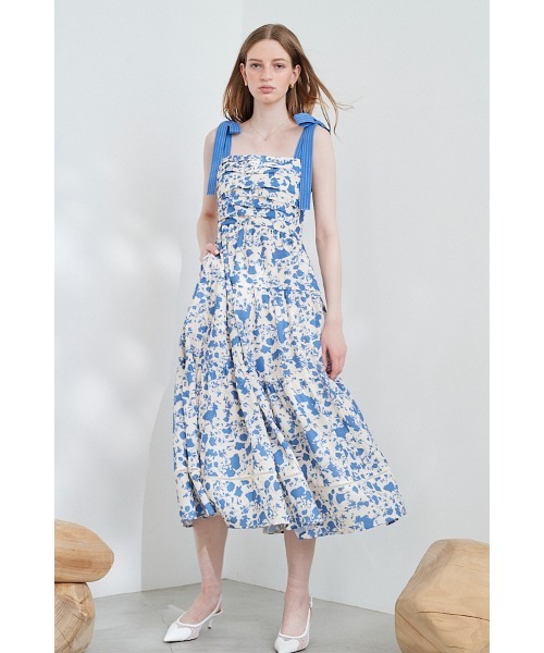 Sandra Floral-print long dress ショルダーリボンプリント