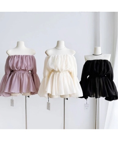 SALTMINT(ソルトミント)の「春色シフォンブラウス/韓国エアリーオフショルパフスリーブシフォンブラウス(シャツ/ブラウス・レディース・ブラック/ベージュ/ピンク・FREE)」の2枚目の写真